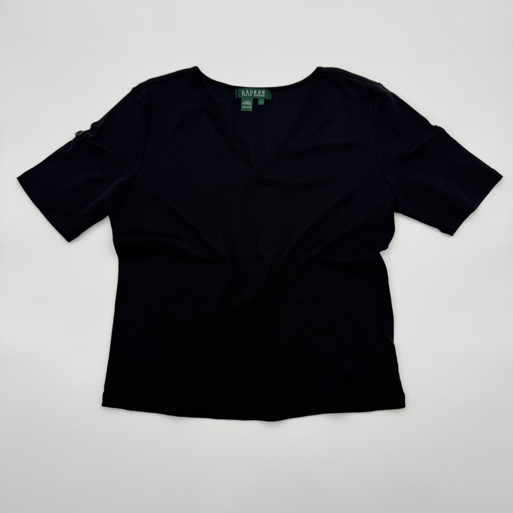 Ralph Lauren Womens Black V-Neck Short‎ Sleeve 100% Cotton Knit Top Large
